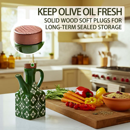 Ceramic Olive Oil Dispenser Bottle, 8.5 oz Decanter for Kitchen with Handle & Wooden Stopper, Green Decorative Oil and Vinegar Dispenser Set, Cooking Oil Container Cruet for Olive, Avocado, Vinegar