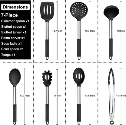 Silicone Cooking Utensils Set, 7 Pcs Heat Resistant Kitchen Utensils with Stainless Steel Handle, Slotted Turner, Spoon, Soup Ladle, Pasta Server, Skimmer, Tongs for Nonstick Cookware, Black