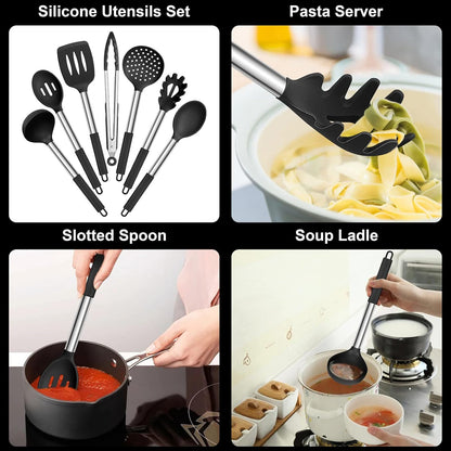 Silicone Cooking Utensils Set, 7 Pcs Heat Resistant Kitchen Utensils with Stainless Steel Handle, Slotted Turner, Spoon, Soup Ladle, Pasta Server, Skimmer, Tongs for Nonstick Cookware, Black
