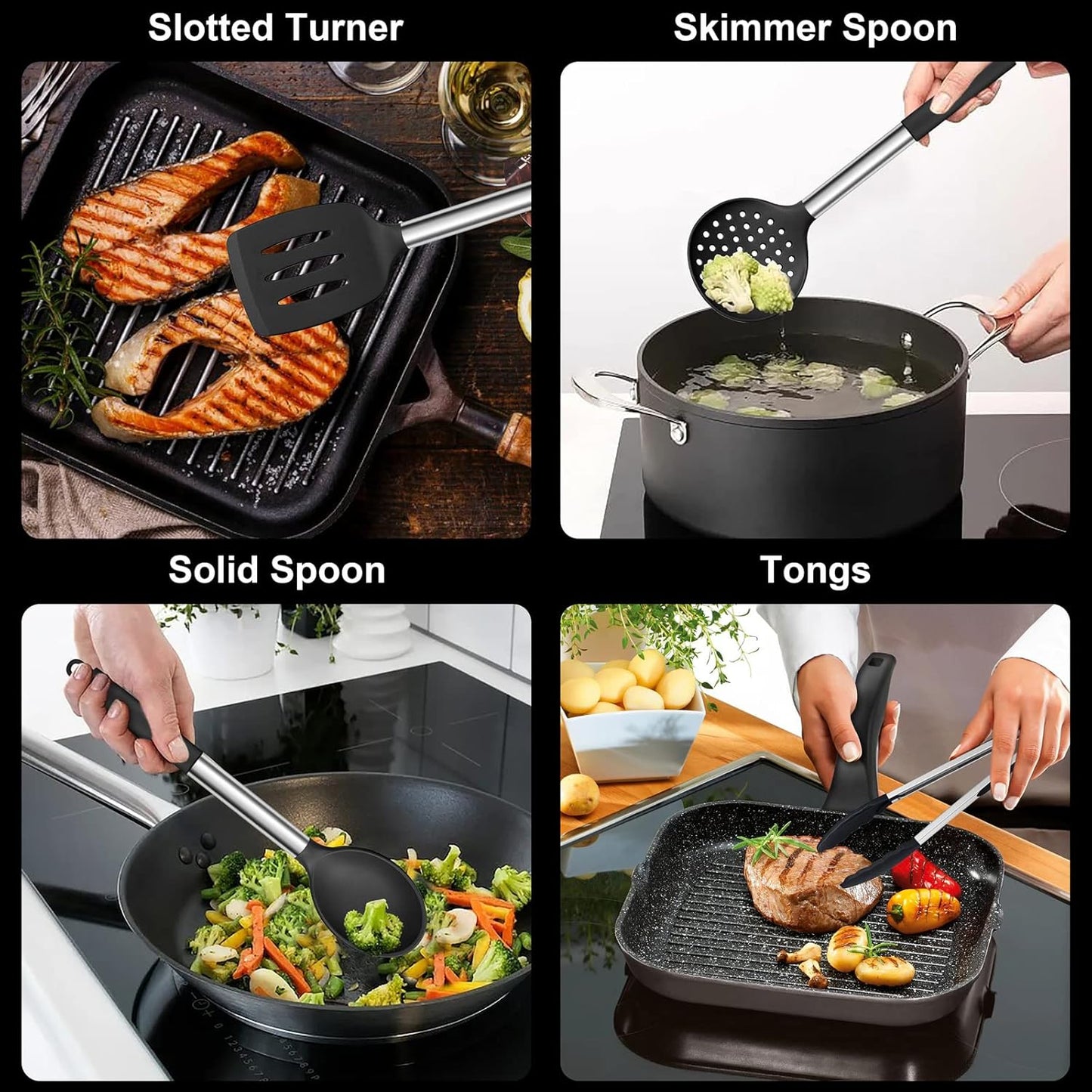 Silicone Cooking Utensils Set, 7 Pcs Heat Resistant Kitchen Utensils with Stainless Steel Handle, Slotted Turner, Spoon, Soup Ladle, Pasta Server, Skimmer, Tongs for Nonstick Cookware, Black