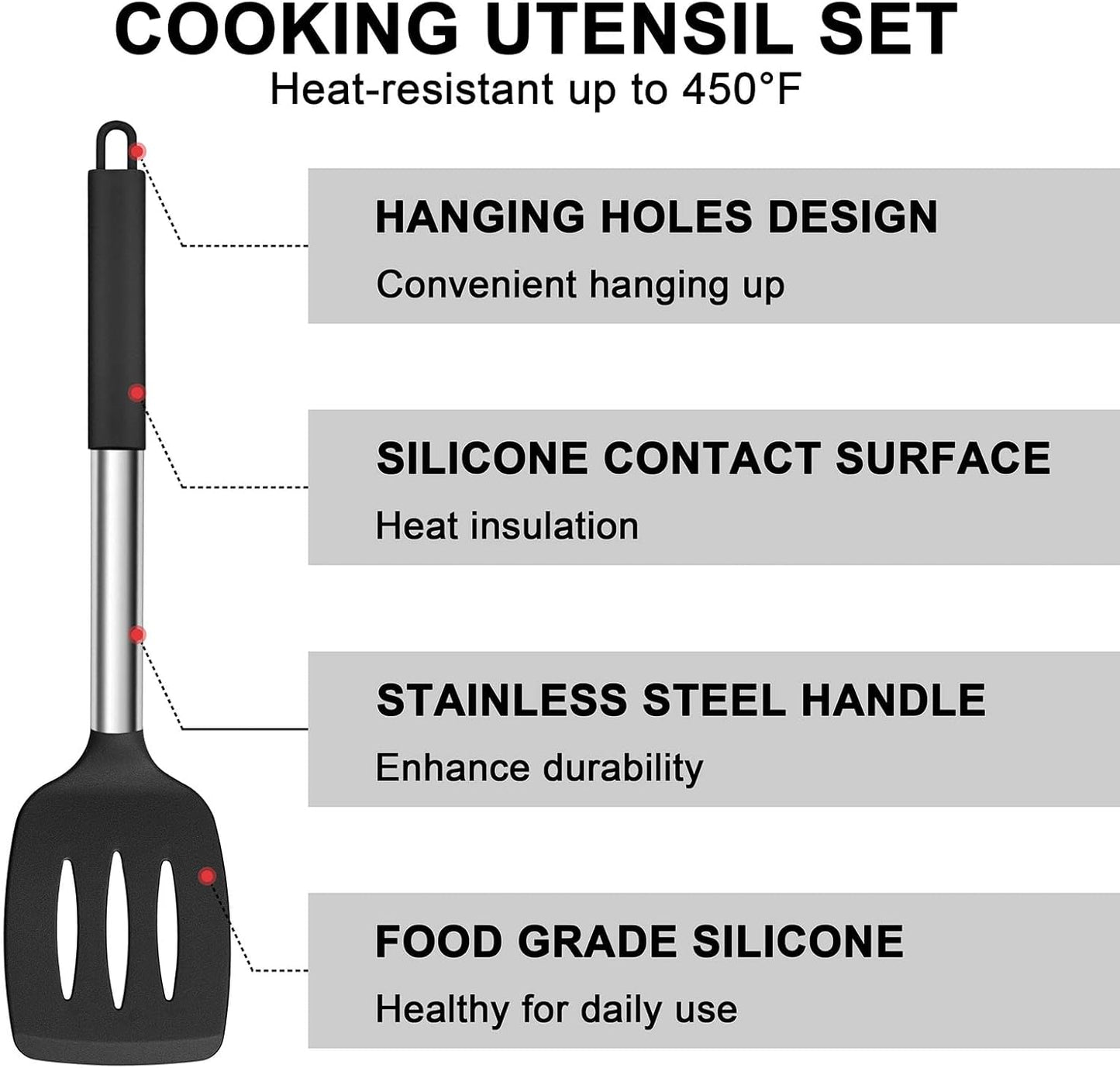 Silicone Cooking Utensils Set, 7 Pcs Heat Resistant Kitchen Utensils with Stainless Steel Handle, Slotted Turner, Spoon, Soup Ladle, Pasta Server, Skimmer, Tongs for Nonstick Cookware, Black