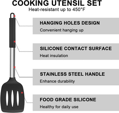Silicone Cooking Utensils Set, 7 Pcs Heat Resistant Kitchen Utensils with Stainless Steel Handle, Slotted Turner, Spoon, Soup Ladle, Pasta Server, Skimmer, Tongs for Nonstick Cookware, Black