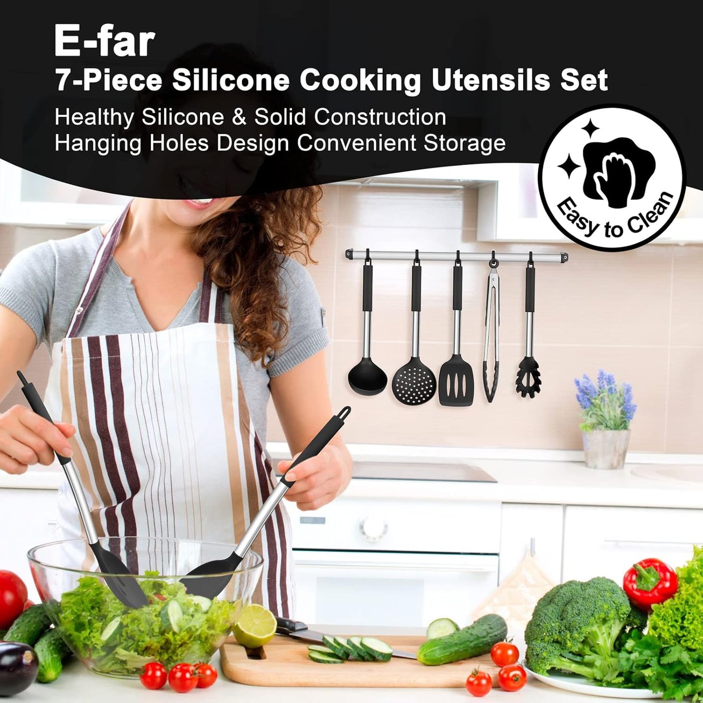 Silicone Cooking Utensils Set, 7 Pcs Heat Resistant Kitchen Utensils with Stainless Steel Handle, Slotted Turner, Spoon, Soup Ladle, Pasta Server, Skimmer, Tongs for Nonstick Cookware, Black