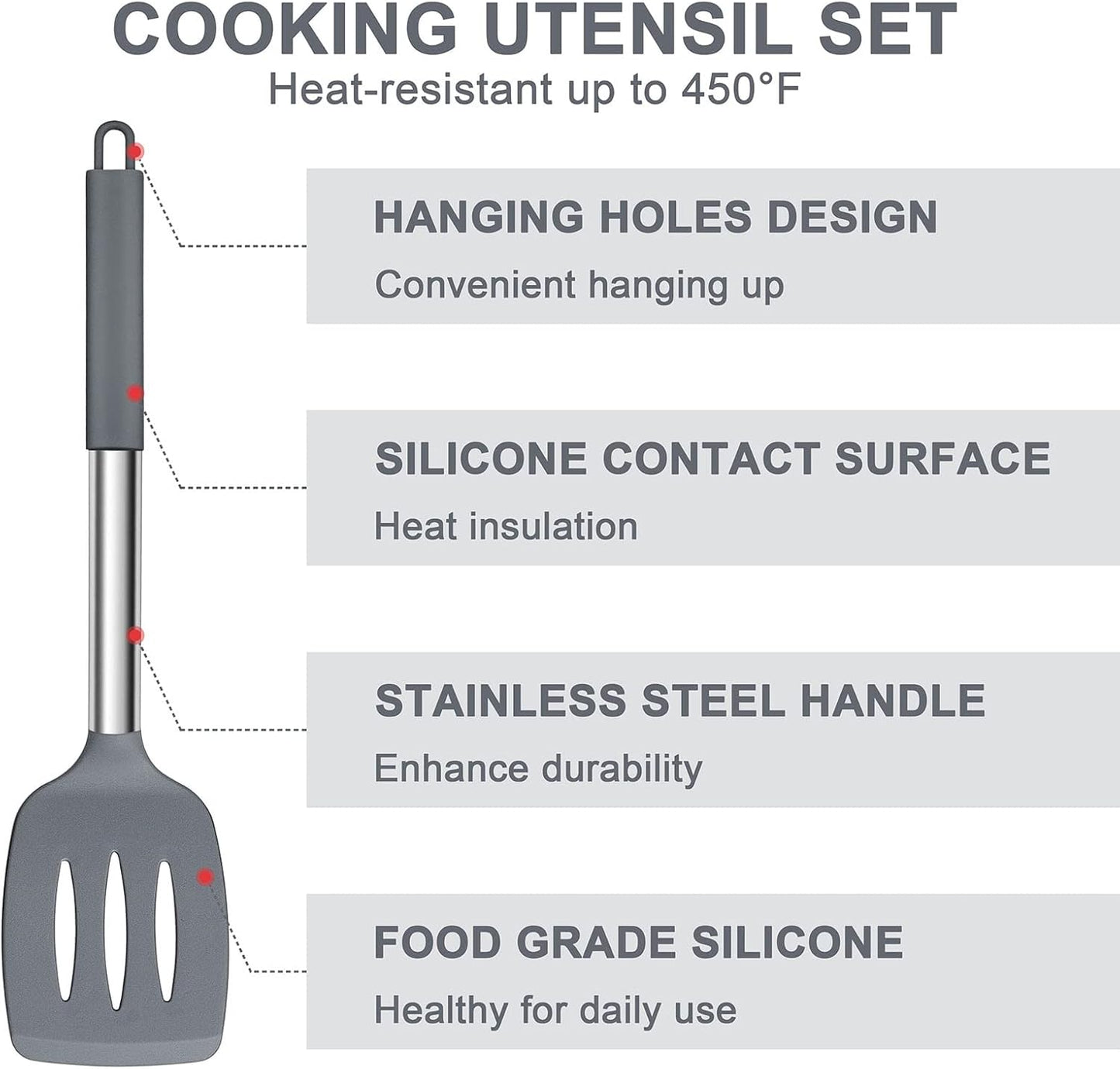 Silicone Cooking Utensils Set, 7 Pcs Heat Resistant Kitchen Utensils with Stainless Steel Handle, Slotted Turner, Spoon, Soup Ladle, Pasta Server, Skimmer, Tongs for Nonstick Cookware, Black