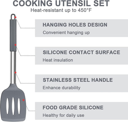 Silicone Cooking Utensils Set, 7 Pcs Heat Resistant Kitchen Utensils with Stainless Steel Handle, Slotted Turner, Spoon, Soup Ladle, Pasta Server, Skimmer, Tongs for Nonstick Cookware, Black