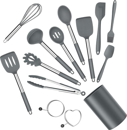 Silicone Cooking Utensils Set, 7 Pcs Heat Resistant Kitchen Utensils with Stainless Steel Handle, Slotted Turner, Spoon, Soup Ladle, Pasta Server, Skimmer, Tongs for Nonstick Cookware, Black