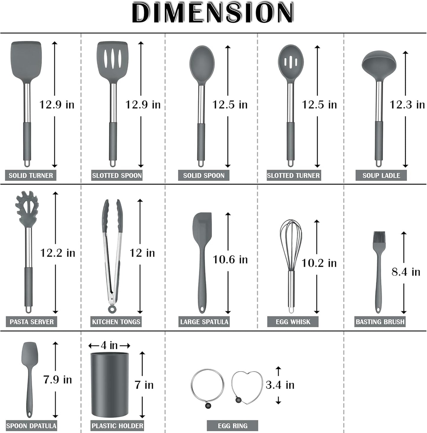Silicone Cooking Utensils Set, 7 Pcs Heat Resistant Kitchen Utensils with Stainless Steel Handle, Slotted Turner, Spoon, Soup Ladle, Pasta Server, Skimmer, Tongs for Nonstick Cookware, Black