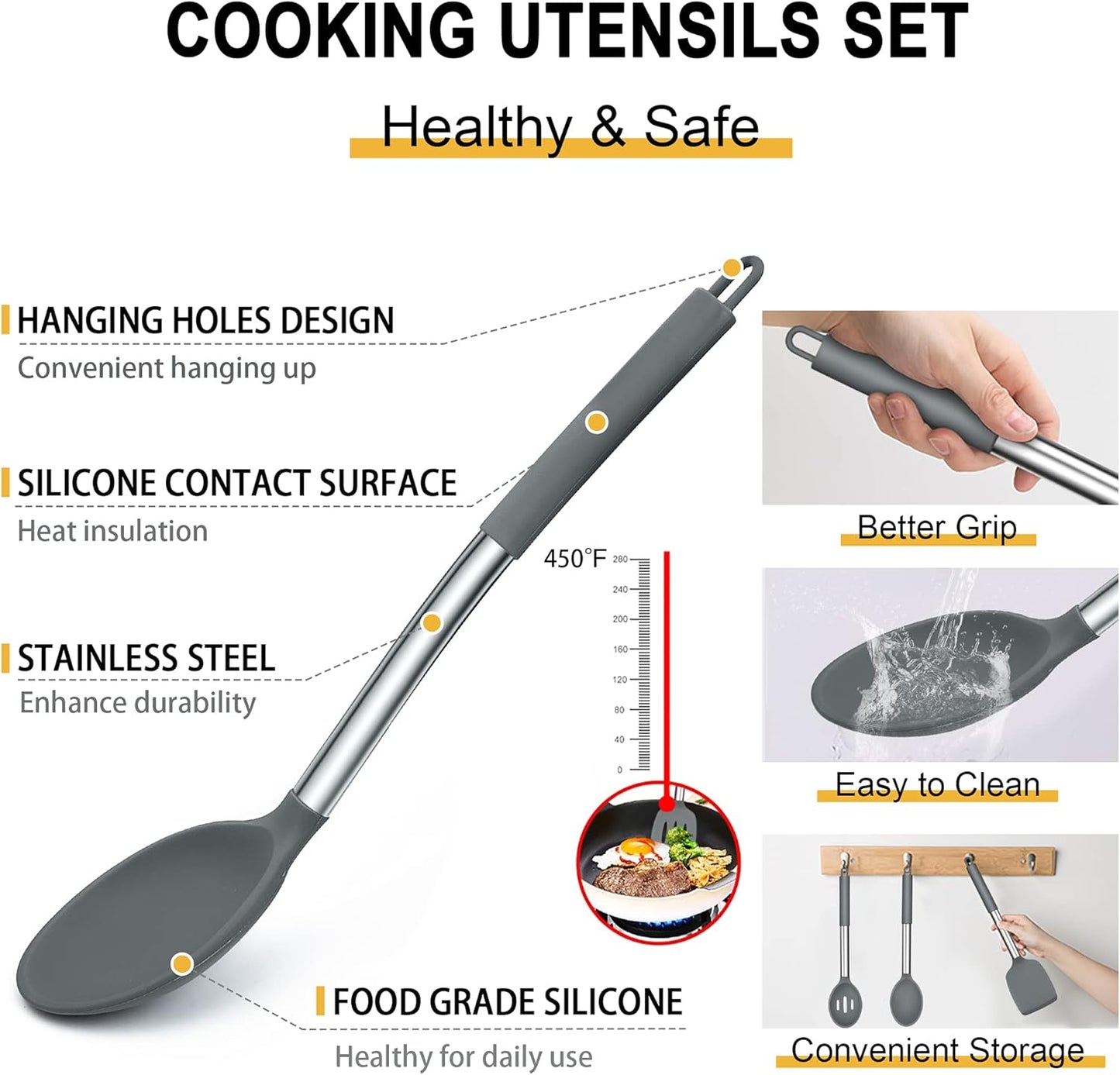 Silicone Cooking Utensils Set, 7 Pcs Heat Resistant Kitchen Utensils with Stainless Steel Handle, Slotted Turner, Spoon, Soup Ladle, Pasta Server, Skimmer, Tongs for Nonstick Cookware, Black