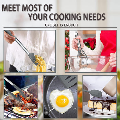 Silicone Cooking Utensils Set, 7 Pcs Heat Resistant Kitchen Utensils with Stainless Steel Handle, Slotted Turner, Spoon, Soup Ladle, Pasta Server, Skimmer, Tongs for Nonstick Cookware, Black