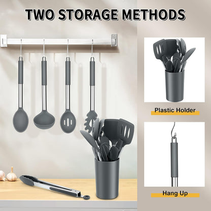 Silicone Cooking Utensils Set, 7 Pcs Heat Resistant Kitchen Utensils with Stainless Steel Handle, Slotted Turner, Spoon, Soup Ladle, Pasta Server, Skimmer, Tongs for Nonstick Cookware, Black