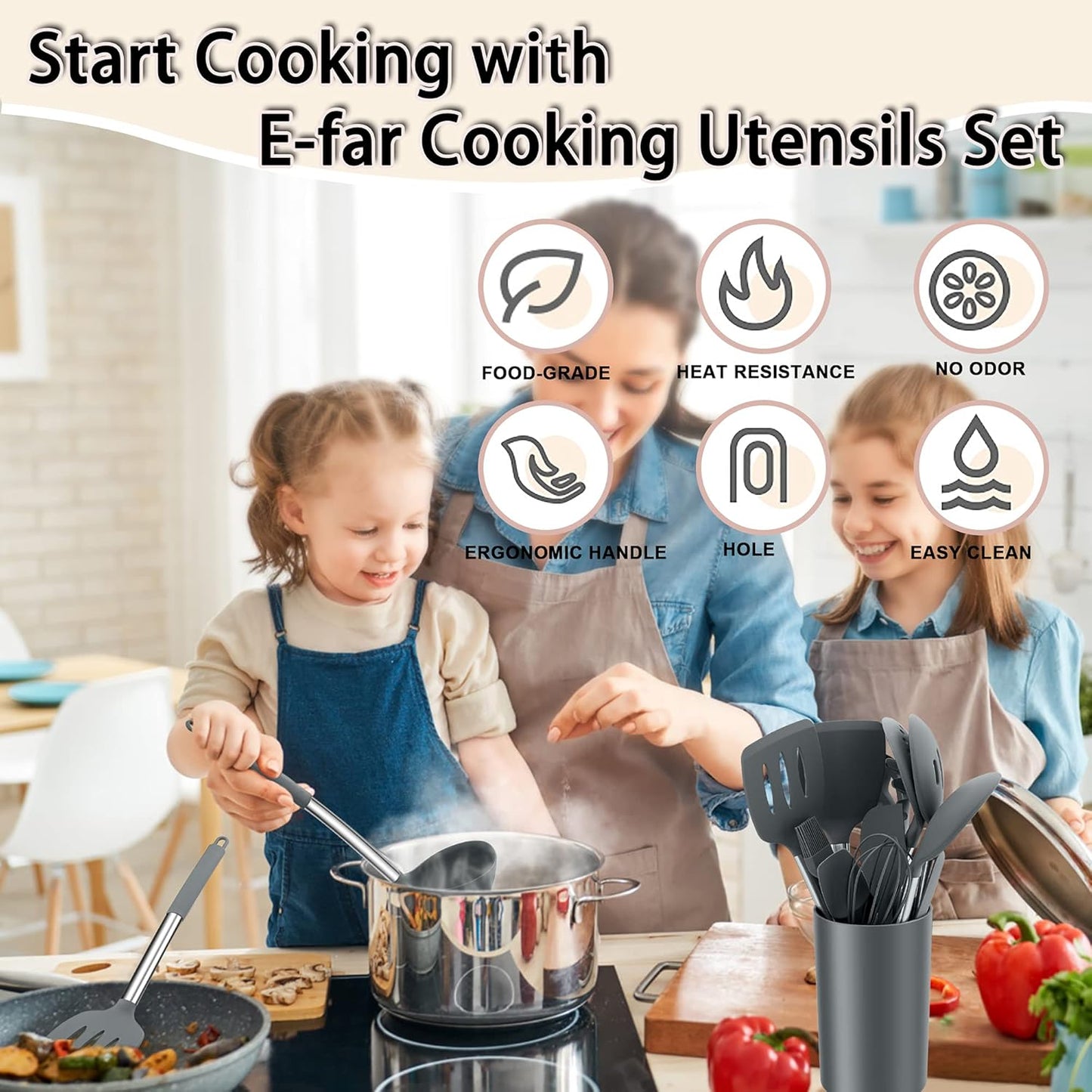 Silicone Cooking Utensils Set, 7 Pcs Heat Resistant Kitchen Utensils with Stainless Steel Handle, Slotted Turner, Spoon, Soup Ladle, Pasta Server, Skimmer, Tongs for Nonstick Cookware, Black