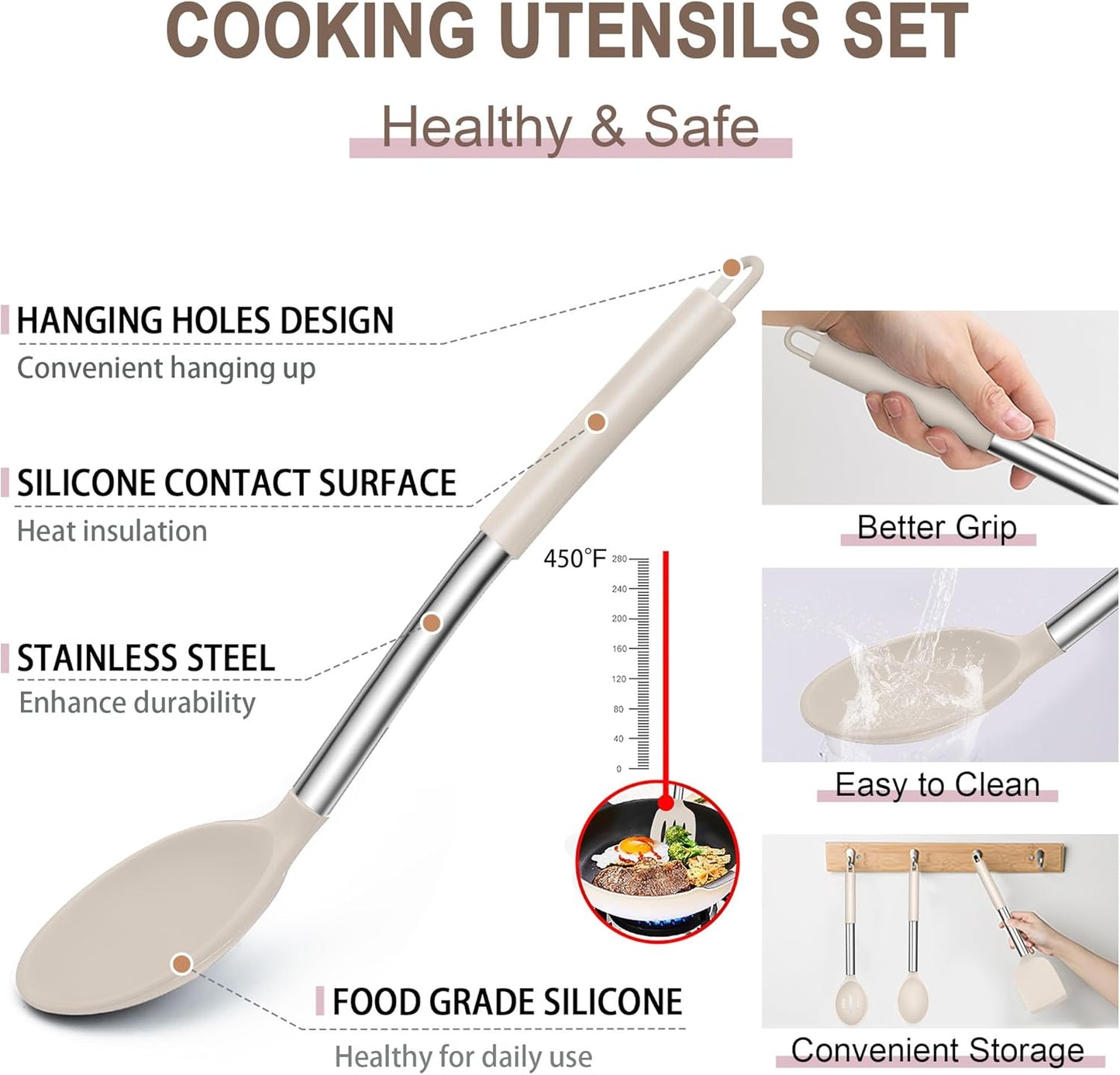 Silicone Cooking Utensils Set, 7 Pcs Heat Resistant Kitchen Utensils with Stainless Steel Handle, Slotted Turner, Spoon, Soup Ladle, Pasta Server, Skimmer, Tongs for Nonstick Cookware, Black
