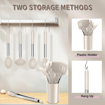 Silicone Cooking Utensils Set, 7 Pcs Heat Resistant Kitchen Utensils with Stainless Steel Handle, Slotted Turner, Spoon, Soup Ladle, Pasta Server, Skimmer, Tongs for Nonstick Cookware, Black