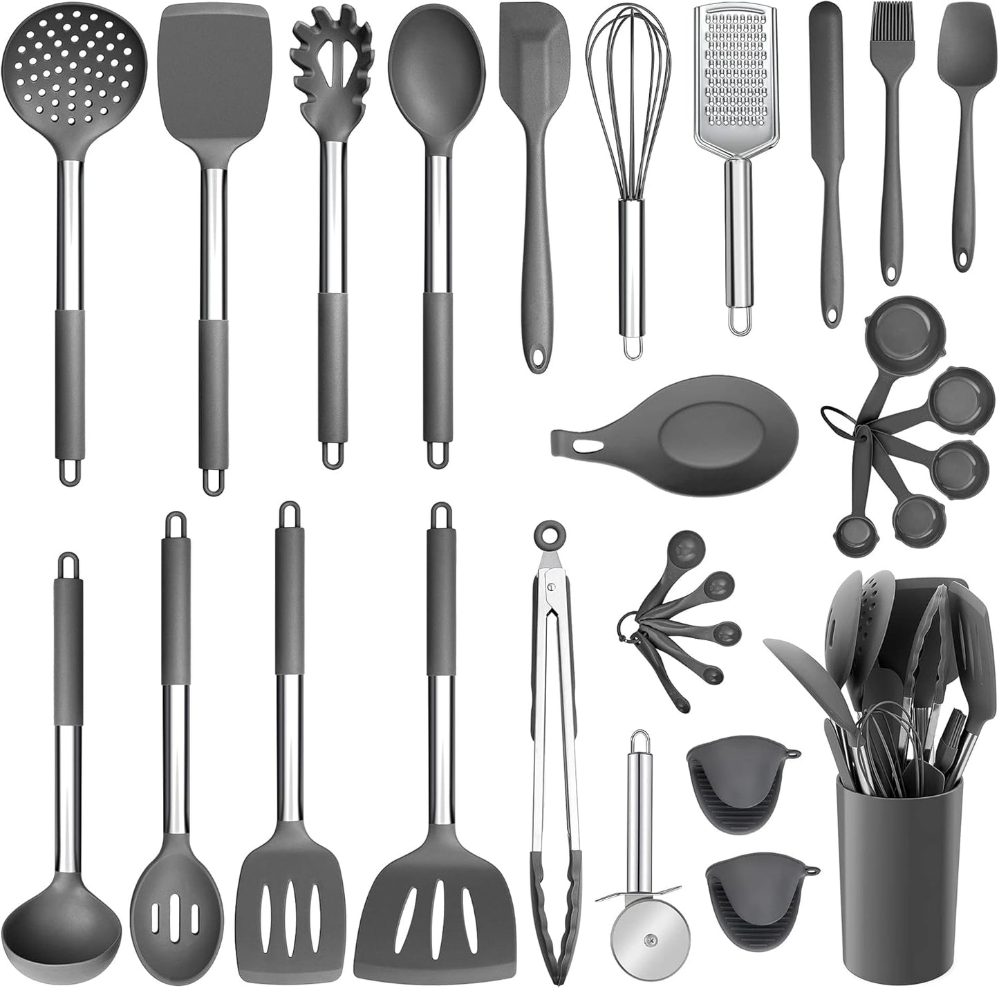 Silicone Cooking Utensils Set, 7 Pcs Heat Resistant Kitchen Utensils with Stainless Steel Handle, Slotted Turner, Spoon, Soup Ladle, Pasta Server, Skimmer, Tongs for Nonstick Cookware, Black