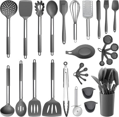 Silicone Cooking Utensils Set, 7 Pcs Heat Resistant Kitchen Utensils with Stainless Steel Handle, Slotted Turner, Spoon, Soup Ladle, Pasta Server, Skimmer, Tongs for Nonstick Cookware, Black