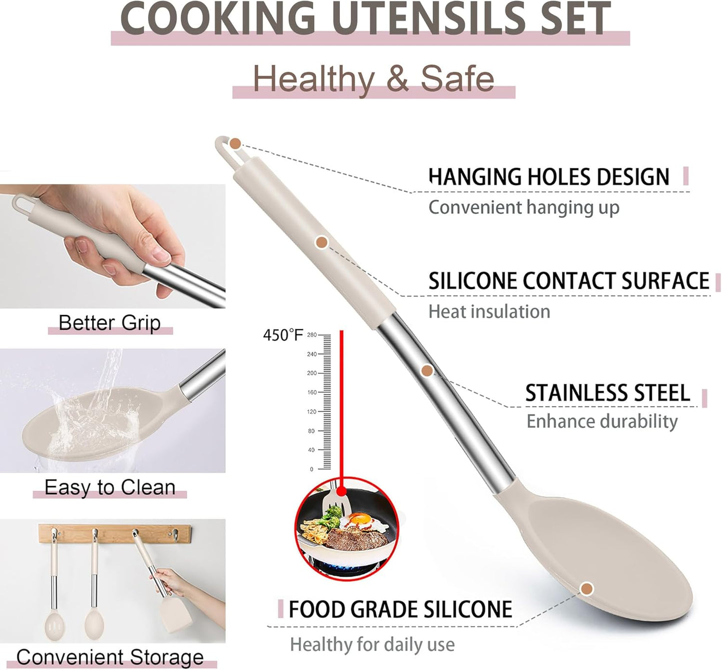 Silicone Cooking Utensils Set, 7 Pcs Heat Resistant Kitchen Utensils with Stainless Steel Handle, Slotted Turner, Spoon, Soup Ladle, Pasta Server, Skimmer, Tongs for Nonstick Cookware, Black
