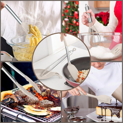 Silicone Cooking Utensils Set, 7 Pcs Heat Resistant Kitchen Utensils with Stainless Steel Handle, Slotted Turner, Spoon, Soup Ladle, Pasta Server, Skimmer, Tongs for Nonstick Cookware, Black