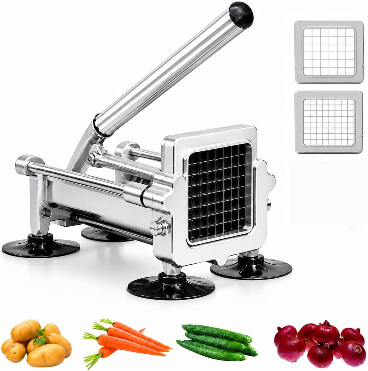 Commercial French Fry Cutter Stainless Steel.Potato Cutter for French Fries with 1/2 and 3/8Inch Blade, Commercial French Fry Cutter Manual Potatoes Cutting Machine with Suction Feet.
