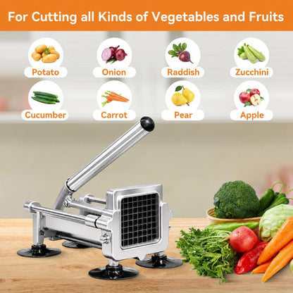 Commercial French Fry Cutter Stainless Steel.Potato Cutter for French Fries with 1/2 and 3/8Inch Blade, Commercial French Fry Cutter Manual Potatoes Cutting Machine with Suction Feet.
