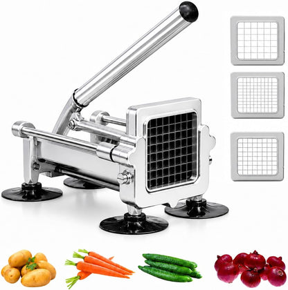 Commercial French Fry Cutter Stainless Steel.Potato Cutter for French Fries with 1/2 and 3/8Inch Blade, Commercial French Fry Cutter Manual Potatoes Cutting Machine with Suction Feet.