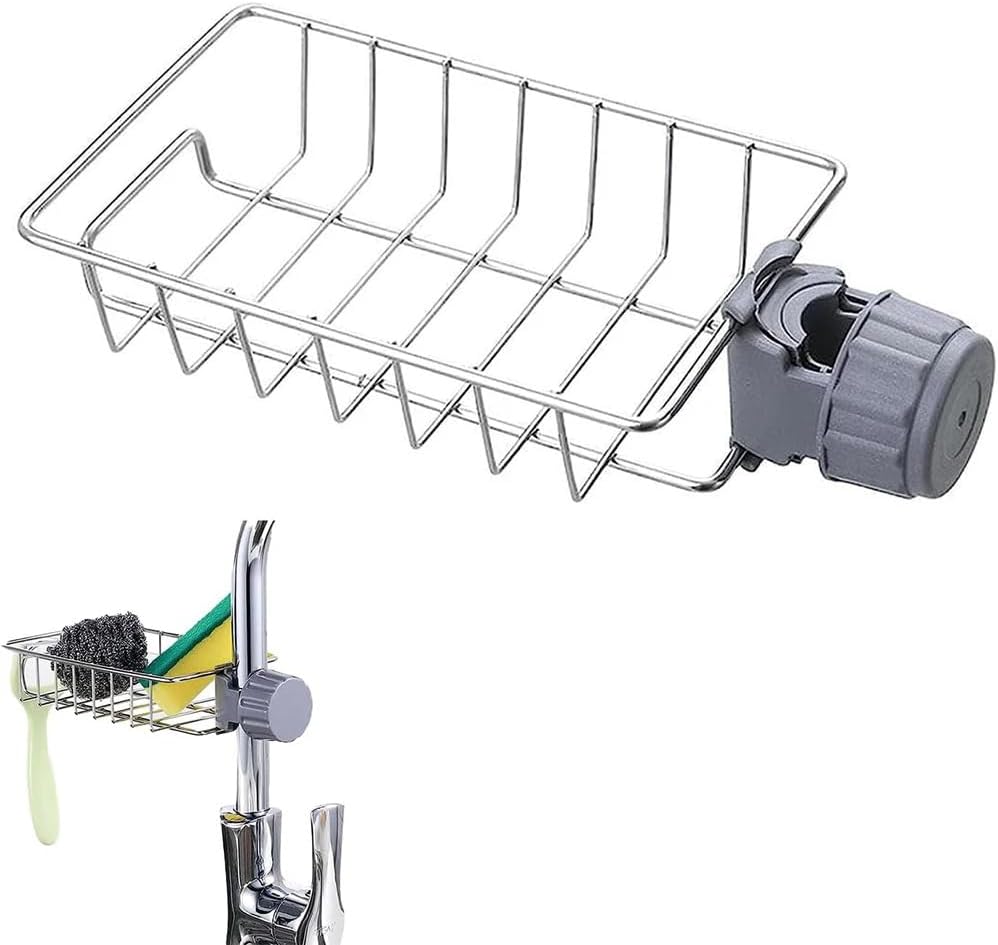 Stainless Steel Kitchen Sink Organizer Caddy – Over Faucet Sponge & Brush Holder, Rust-Resistant, Adjustable Universal Fit Faucet Rack, Quick Drain Sink Space Saver