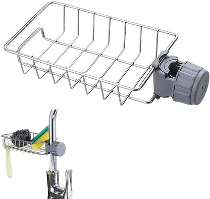 Stainless Steel Kitchen Sink Organizer Caddy – Over Faucet Sponge & Brush Holder, Rust-Resistant, Adjustable Universal Fit Faucet Rack, Quick Drain Sink Space Saver