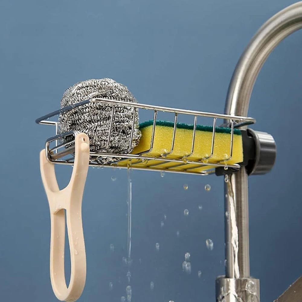 Stainless Steel Kitchen Sink Organizer Caddy – Over Faucet Sponge & Brush Holder, Rust-Resistant, Adjustable Universal Fit Faucet Rack, Quick Drain Sink Space Saver