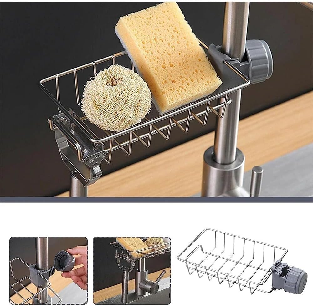 Stainless Steel Kitchen Sink Organizer Caddy – Over Faucet Sponge & Brush Holder, Rust-Resistant, Adjustable Universal Fit Faucet Rack, Quick Drain Sink Space Saver