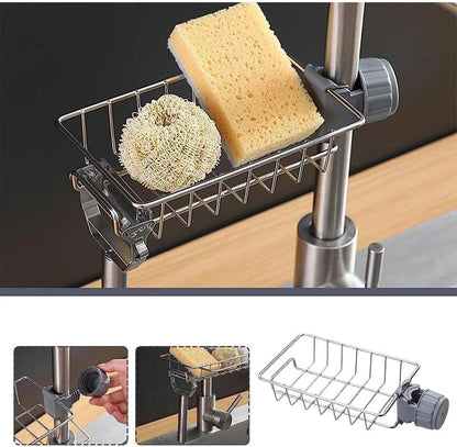Stainless Steel Kitchen Sink Organizer Caddy – Over Faucet Sponge & Brush Holder, Rust-Resistant, Adjustable Universal Fit Faucet Rack, Quick Drain Sink Space Saver