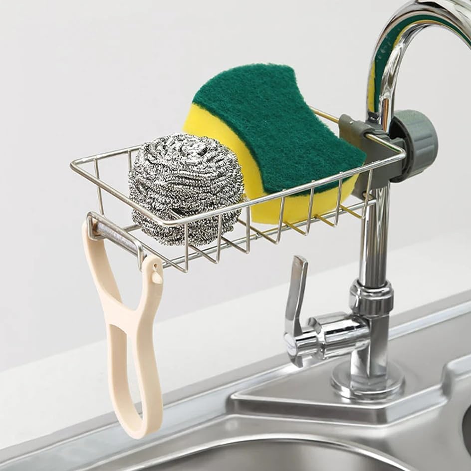 Stainless Steel Kitchen Sink Organizer Caddy – Over Faucet Sponge & Brush Holder, Rust-Resistant, Adjustable Universal Fit Faucet Rack, Quick Drain Sink Space Saver