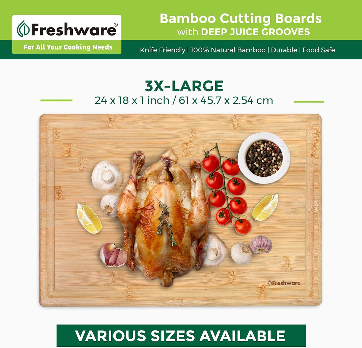 Bamboo Cutting Board Set of 3, Wooden Cutting Boards for Kitchen, Knife Friendly Food Grade Chopping Board, Lightweight with Hanging Hole for Easy Storage