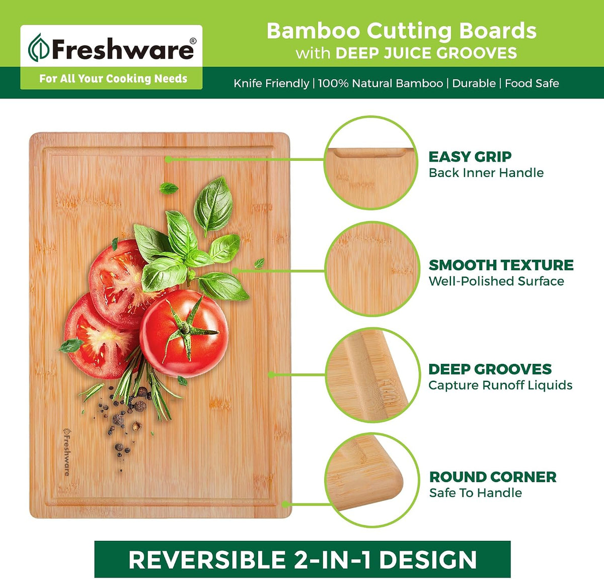 Bamboo Cutting Board Set of 3, Wooden Cutting Boards for Kitchen, Knife Friendly Food Grade Chopping Board, Lightweight with Hanging Hole for Easy Storage