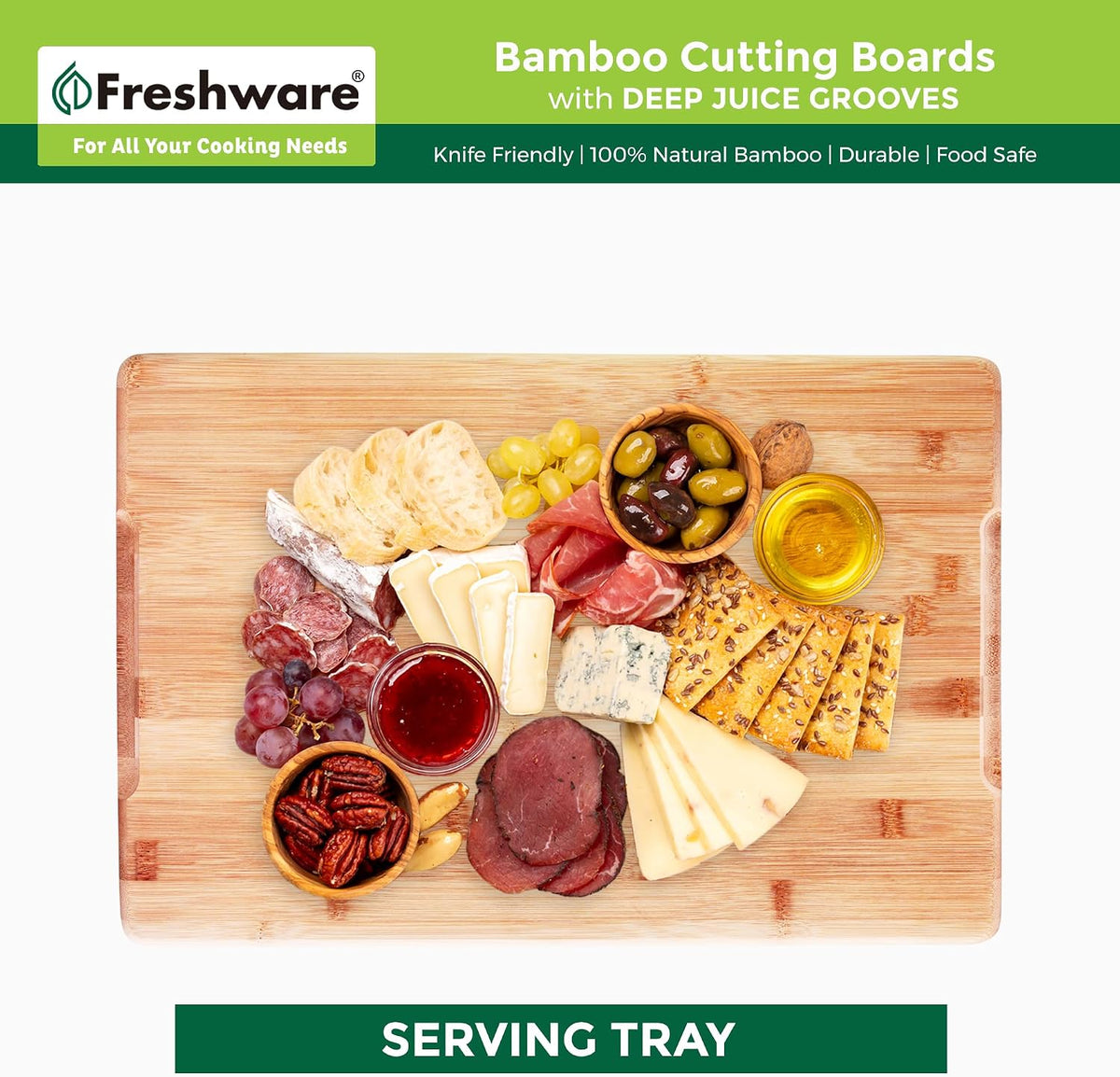Bamboo Cutting Board Set of 3, Wooden Cutting Boards for Kitchen, Knife Friendly Food Grade Chopping Board, Lightweight with Hanging Hole for Easy Storage
