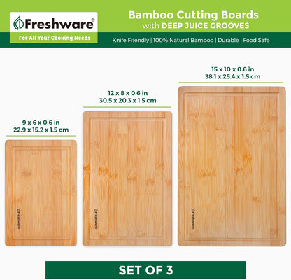 Bamboo Cutting Board Set of 3, Wooden Cutting Boards for Kitchen, Knife Friendly Food Grade Chopping Board, Lightweight with Hanging Hole for Easy Storage