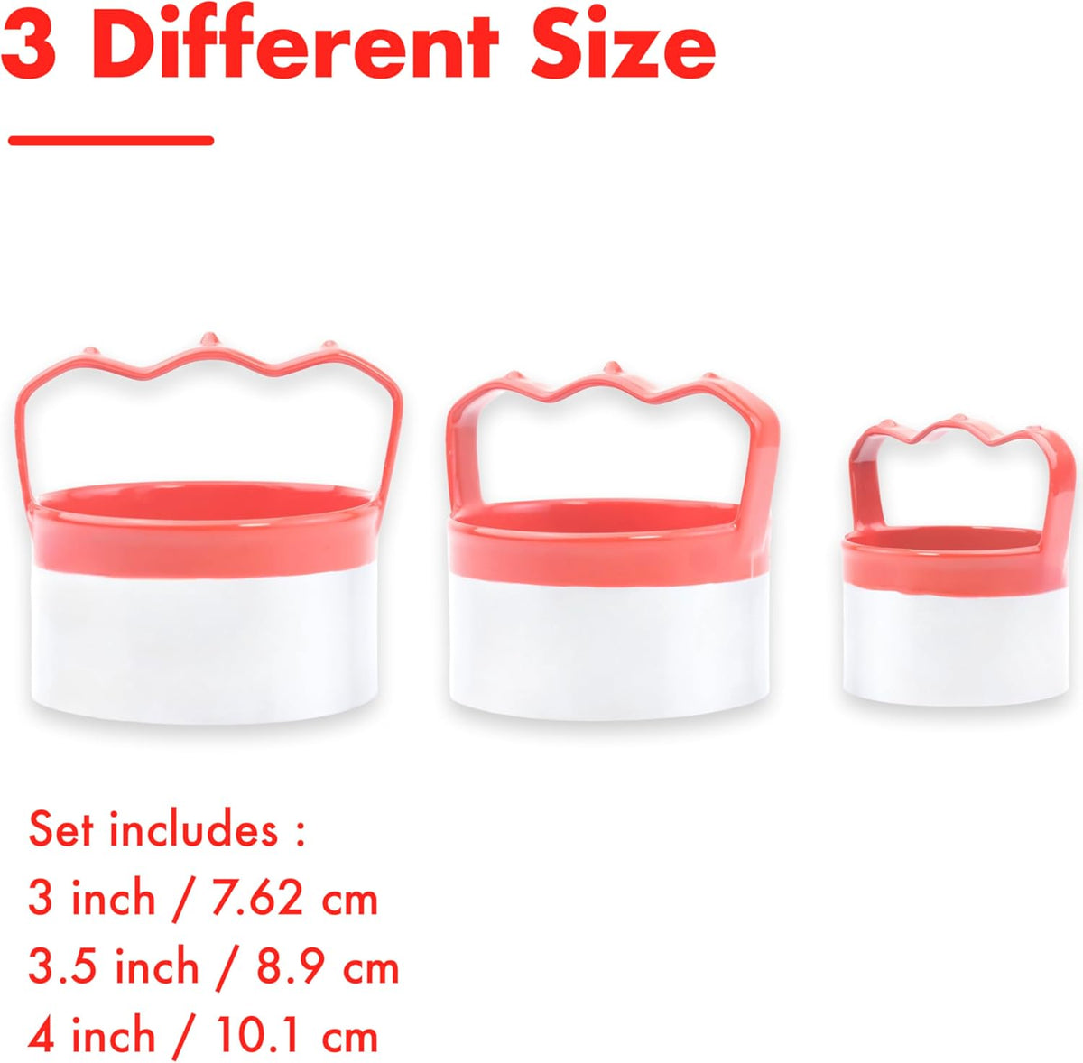 3 Pcs Round Biscuit Cutters Set 3", 3.5", 4", 0.4mm Stainless Steel Circle Cookie Cutters for Baking, Comfortable Grip, Red Silicone Handle
