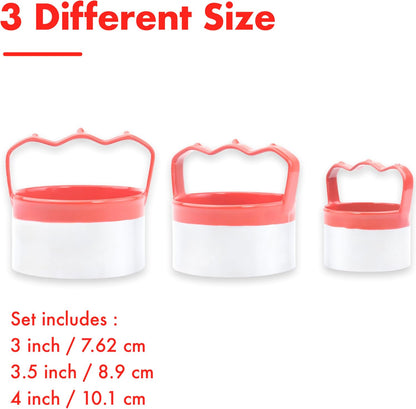3 Pcs Round Biscuit Cutters Set 3", 3.5", 4", 0.4mm Stainless Steel Circle Cookie Cutters for Baking, Comfortable Grip, Red Silicone Handle