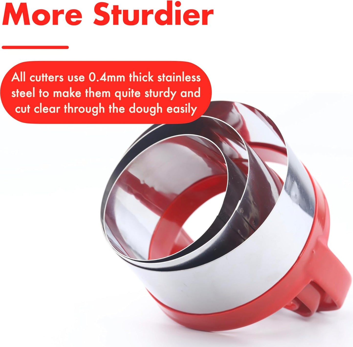 3 Pcs Round Biscuit Cutters Set 3", 3.5", 4", 0.4mm Stainless Steel Circle Cookie Cutters for Baking, Comfortable Grip, Red Silicone Handle