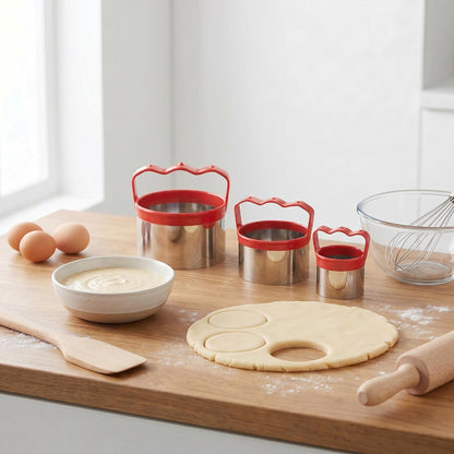 3 Pcs Round Biscuit Cutters Set 3", 3.5", 4", 0.4mm Stainless Steel Circle Cookie Cutters for Baking, Comfortable Grip, Red Silicone Handle