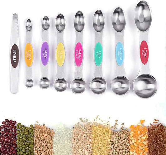 Magnetic Measuring Spoons Set of 8, Stainless Steel Double End Stackable Teaspoon for Cooking and Baking, Tablespoon with Leveler for Measuring Dry and Liquid Ingredients, Multicolor