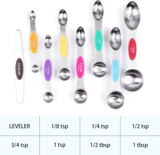 Magnetic Measuring Spoons Set of 8, Stainless Steel Double End Stackable Teaspoon for Cooking and Baking, Tablespoon with Leveler for Measuring Dry and Liquid Ingredients, Multicolor