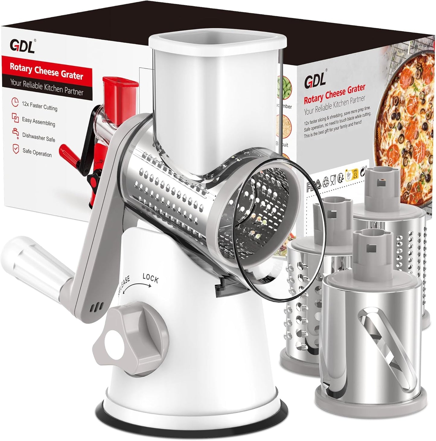 Cheese Grater Hand Crank, Rotary Cheese shredder, Vegetable Slicer | 3 Stainless Steel Blades, 12x Fast Cutting, Non-slip Suction Base, No BPA, Dishwasher Safe, Easy Use for Cheese, Veggies, Nut