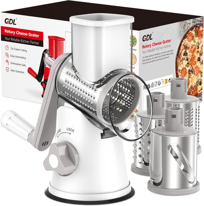 Cheese Grater Hand Crank, Rotary Cheese shredder, Vegetable Slicer | 3 Stainless Steel Blades, 12x Fast Cutting, Non-slip Suction Base, No BPA, Dishwasher Safe, Easy Use for Cheese, Veggies, Nut