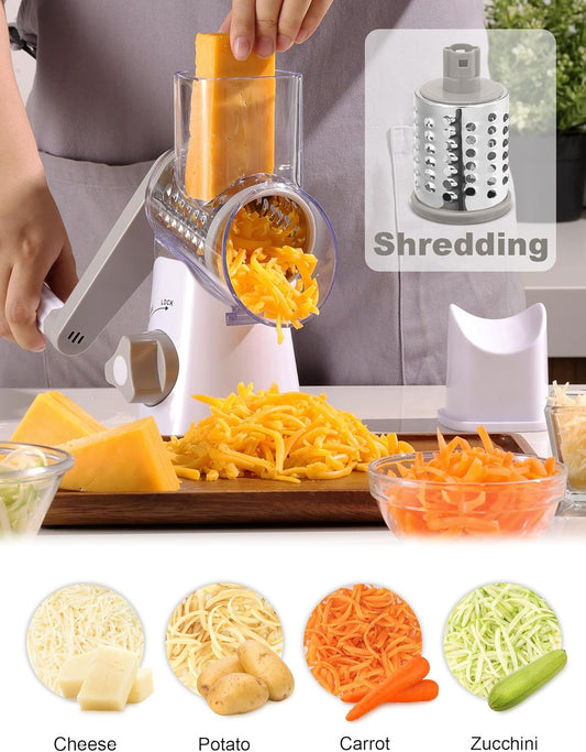 Cheese Grater Hand Crank, Rotary Cheese shredder, Vegetable Slicer | 3 Stainless Steel Blades, 12x Fast Cutting, Non-slip Suction Base, No BPA, Dishwasher Safe, Easy Use for Cheese, Veggies, Nut