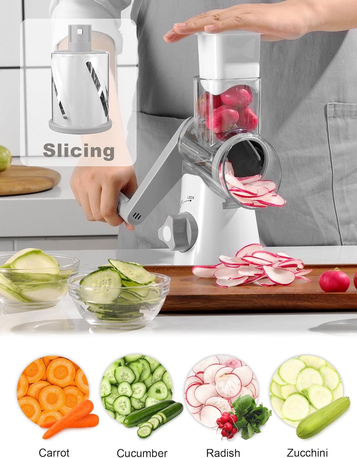 Cheese Grater Hand Crank, Rotary Cheese shredder, Vegetable Slicer | 3 Stainless Steel Blades, 12x Fast Cutting, Non-slip Suction Base, No BPA, Dishwasher Safe, Easy Use for Cheese, Veggies, Nut