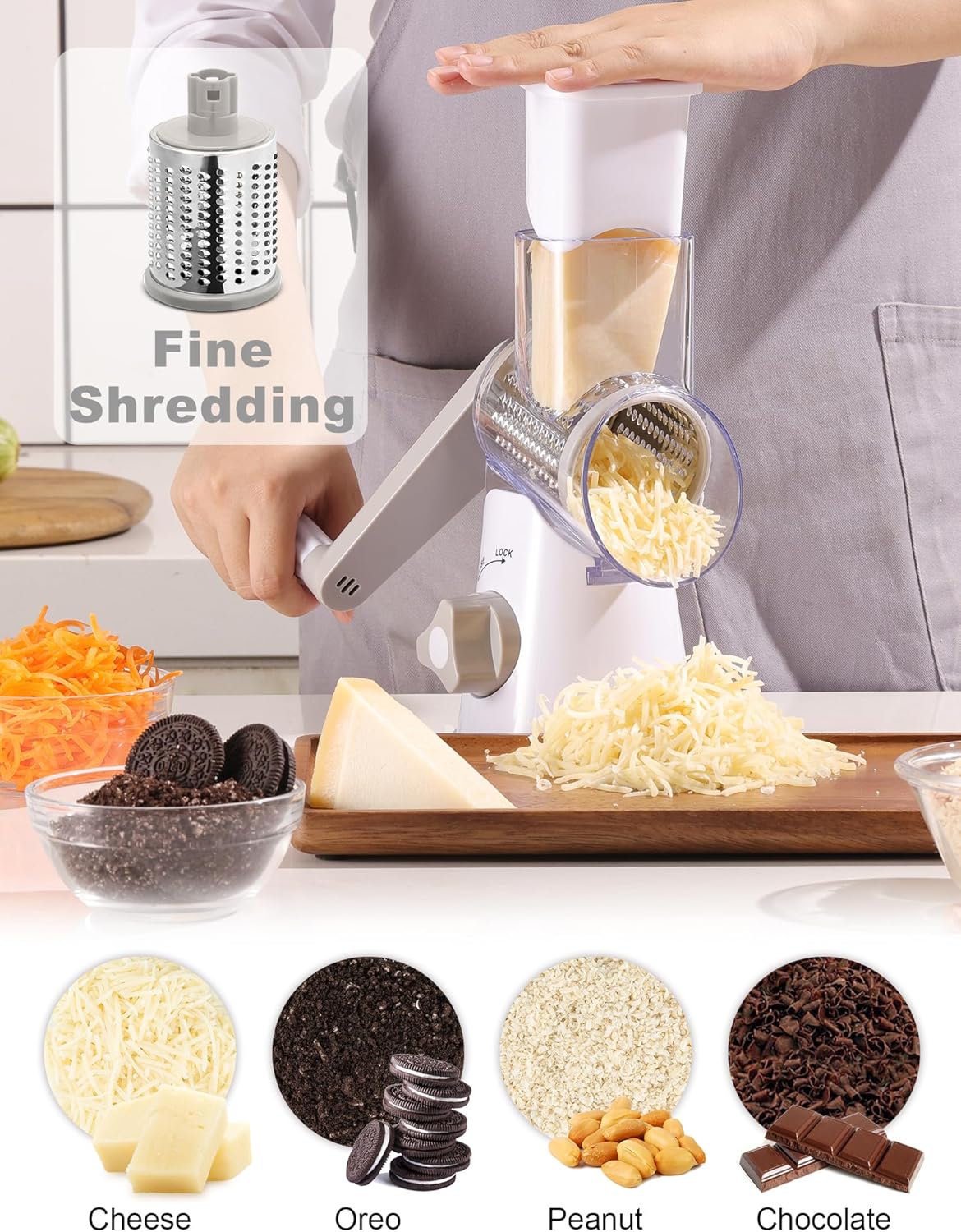 Cheese Grater Hand Crank, Rotary Cheese shredder, Vegetable Slicer | 3 Stainless Steel Blades, 12x Fast Cutting, Non-slip Suction Base, No BPA, Dishwasher Safe, Easy Use for Cheese, Veggies, Nut