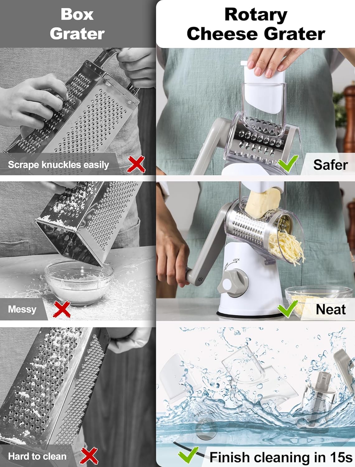 Cheese Grater Hand Crank, Rotary Cheese shredder, Vegetable Slicer | 3 Stainless Steel Blades, 12x Fast Cutting, Non-slip Suction Base, No BPA, Dishwasher Safe, Easy Use for Cheese, Veggies, Nut