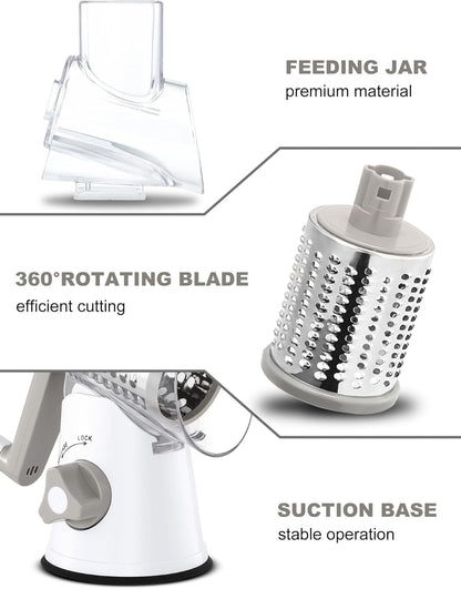 Cheese Grater Hand Crank, Rotary Cheese shredder, Vegetable Slicer | 3 Stainless Steel Blades, 12x Fast Cutting, Non-slip Suction Base, No BPA, Dishwasher Safe, Easy Use for Cheese, Veggies, Nut