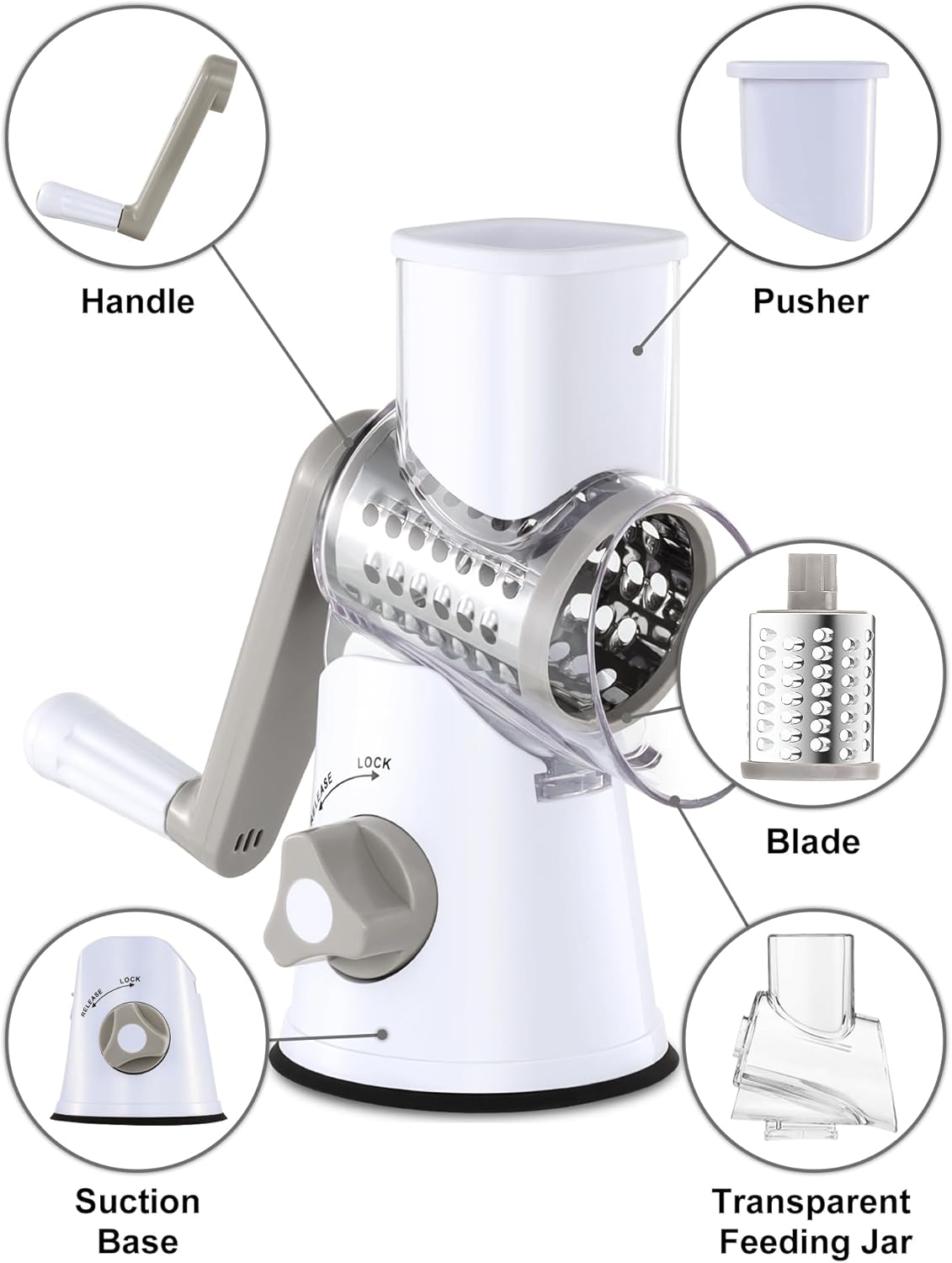 Cheese Grater Hand Crank, Rotary Cheese shredder, Vegetable Slicer | 3 Stainless Steel Blades, 12x Fast Cutting, Non-slip Suction Base, No BPA, Dishwasher Safe, Easy Use for Cheese, Veggies, Nut