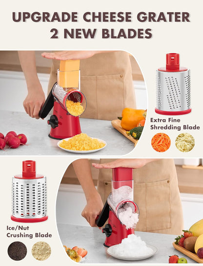 Cheese Grater Hand Crank, Rotary Cheese shredder, Vegetable Slicer | 3 Stainless Steel Blades, 12x Fast Cutting, Non-slip Suction Base, No BPA, Dishwasher Safe, Easy Use for Cheese, Veggies, Nut