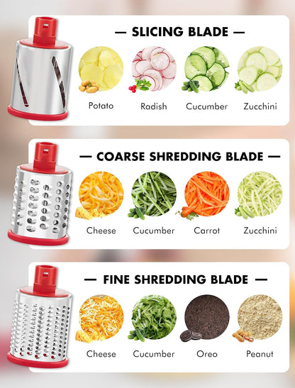 Cheese Grater Hand Crank, Rotary Cheese shredder, Vegetable Slicer | 3 Stainless Steel Blades, 12x Fast Cutting, Non-slip Suction Base, No BPA, Dishwasher Safe, Easy Use for Cheese, Veggies, Nut